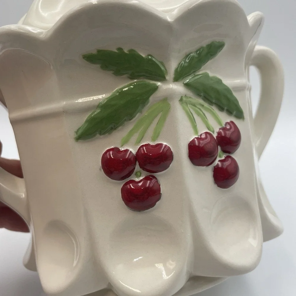 Vintage Hand‎ painted White Ceramic Cookie Jar With Lid -Red Cherries Thumbprint